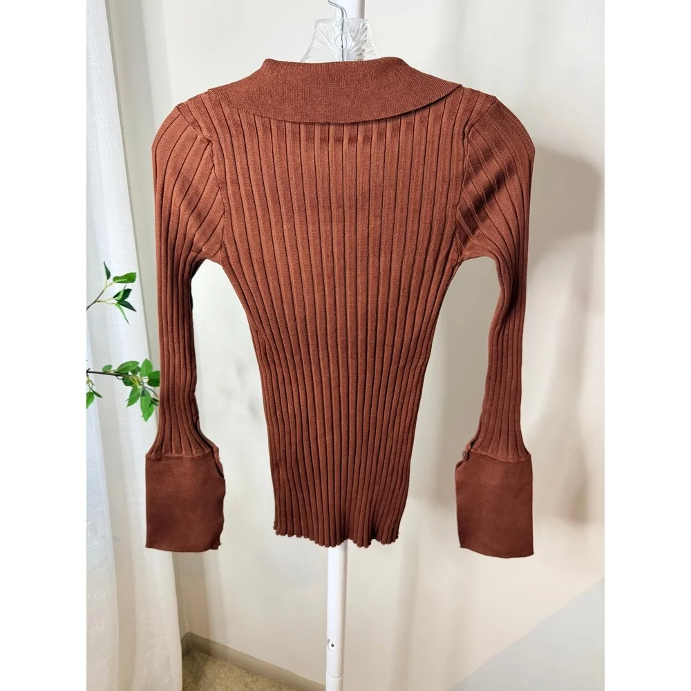 Rumours Brown Ribbed Knit Collared Cardigan Wide Cuff Button Front Top Small
